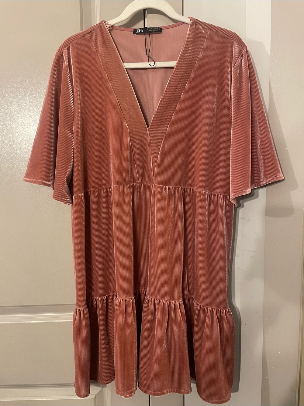 ZARA Rose Blush Velvet Tiered Mini Dress